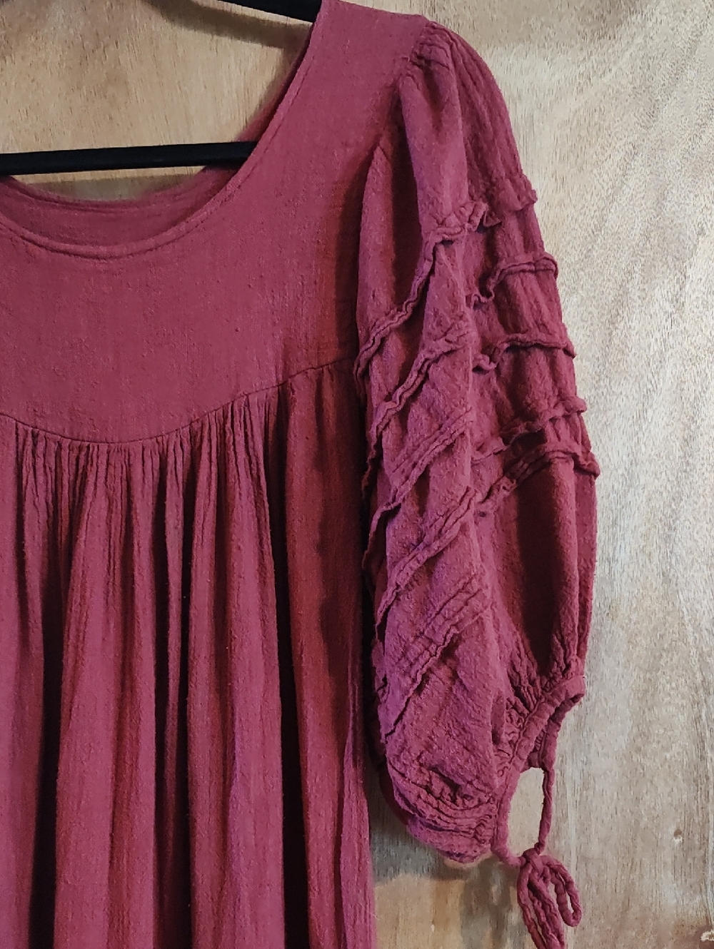 Boho Peasant Dress Brick Red Slub Puff Sleeve Ruffled Tiers Victorian Ren Fair S - Picture 3 of 16